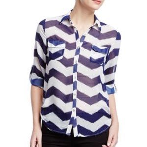 Madison Paige Sheer Chevron Button Up Blouse Navy White - Size Medium